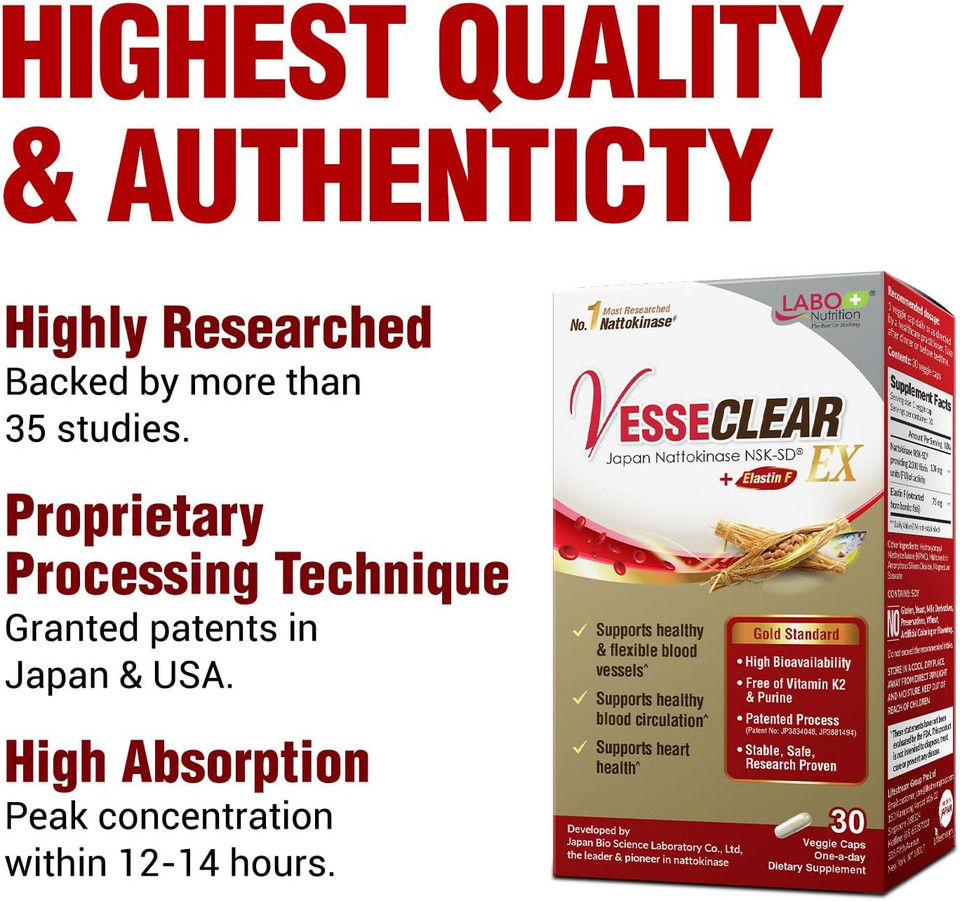 Labo Nutrition Vesseclear Ex: Nattokinase Nsk-Sd+Elastin F For Clean & Flexible Blood Vessel. Japan'S Most Clinically Studied, Functional Dose, Acid-Resistant/Delayed Release Capsules, 90 Count