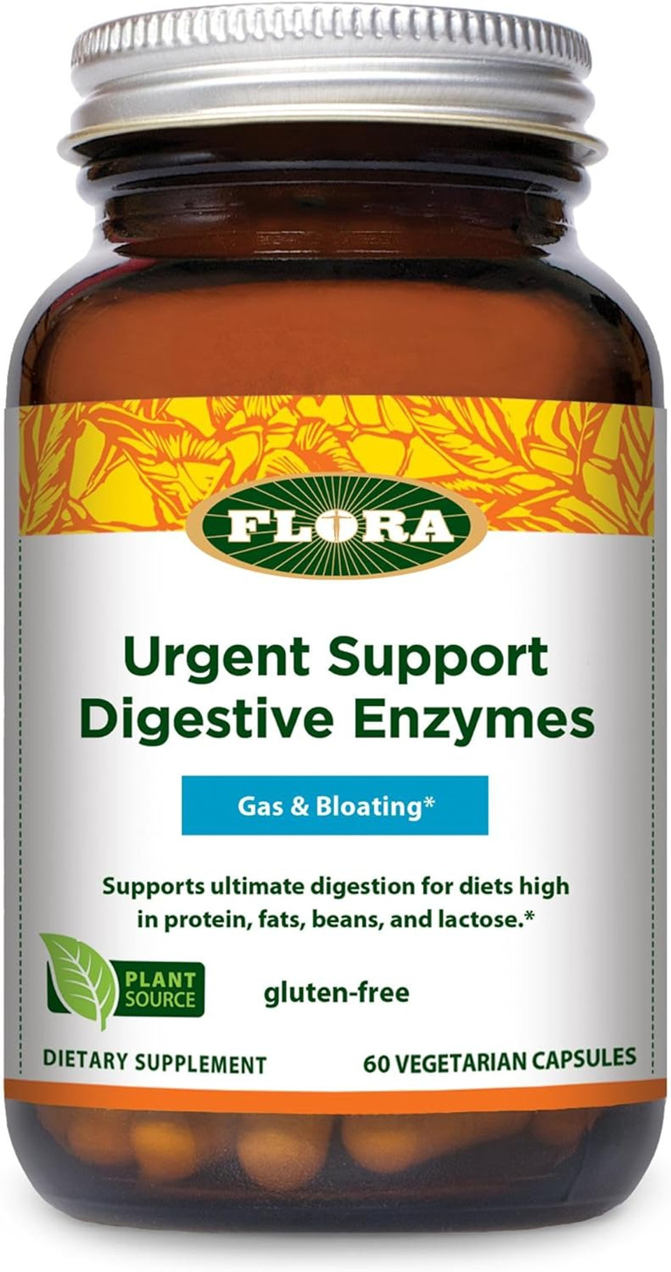 Flora Urgent Support Digestive Enzymes - Digestion Support Supplement - Aids Bloating & Nutrient Absorption - Features 9 Enzymes - Gluten-Free & Non-Gmo - 60 Vegetarian Capsules