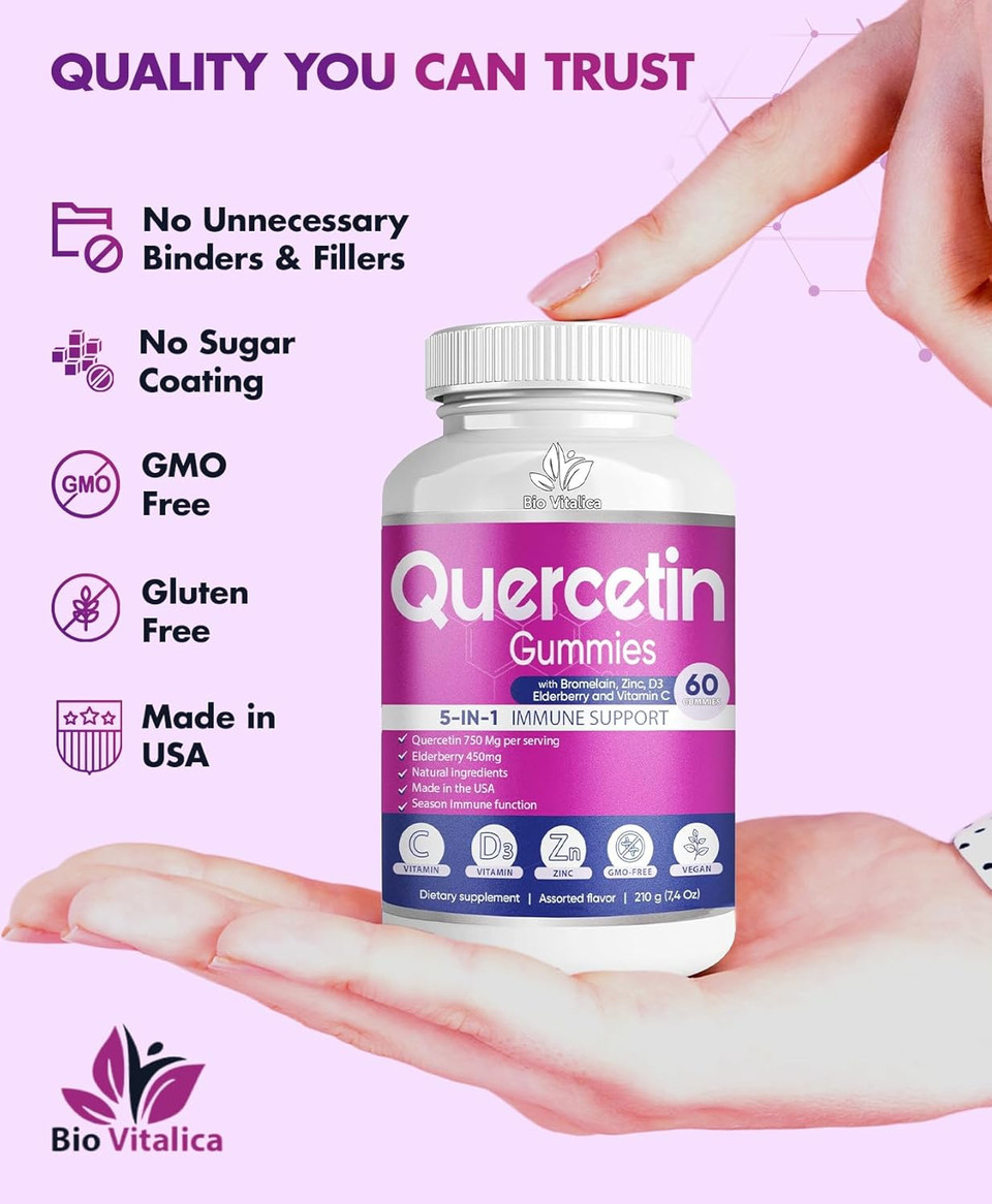 Quercetin Gummies By Biovitalica - Quercetin With Bromelain Vitamin C And Zinc & Elderberry + Vitamin D3-5 In 1 Immune Support - Zinc Quercetin 750 Mg For Kids And Adult (6, Quercetin)