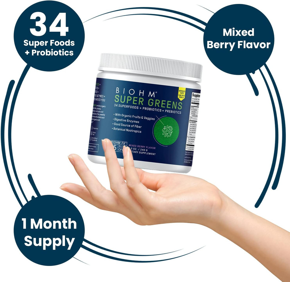 Biohm Super Greens, Green Superfood Powder (8.5 Oz, 30 Servings) Antioxidant Veggie Powder & Smoothie Mix, 34 Superfoods & Spirulina, Digestive Enzymes, Prebiotics And Probiotics, Mixed Berry Flavor