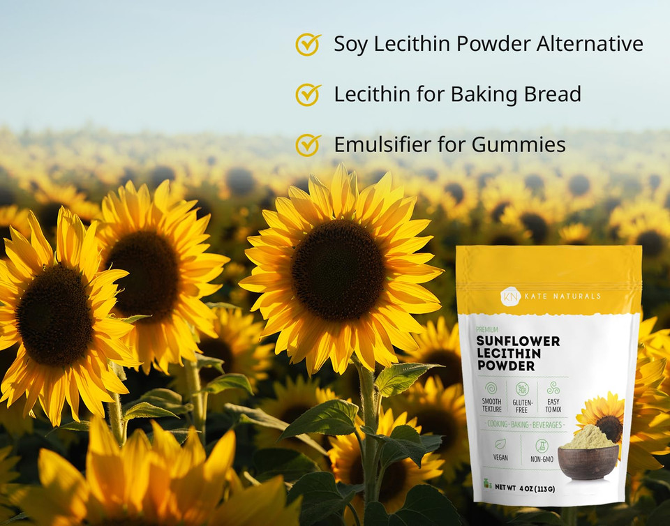 Kate Naturals Sunflower Lecithin Powder For Baking Bread, Gummies, Cooking. Substitute For Soy Lecithin Powder (12 Oz, Non-Gmo)