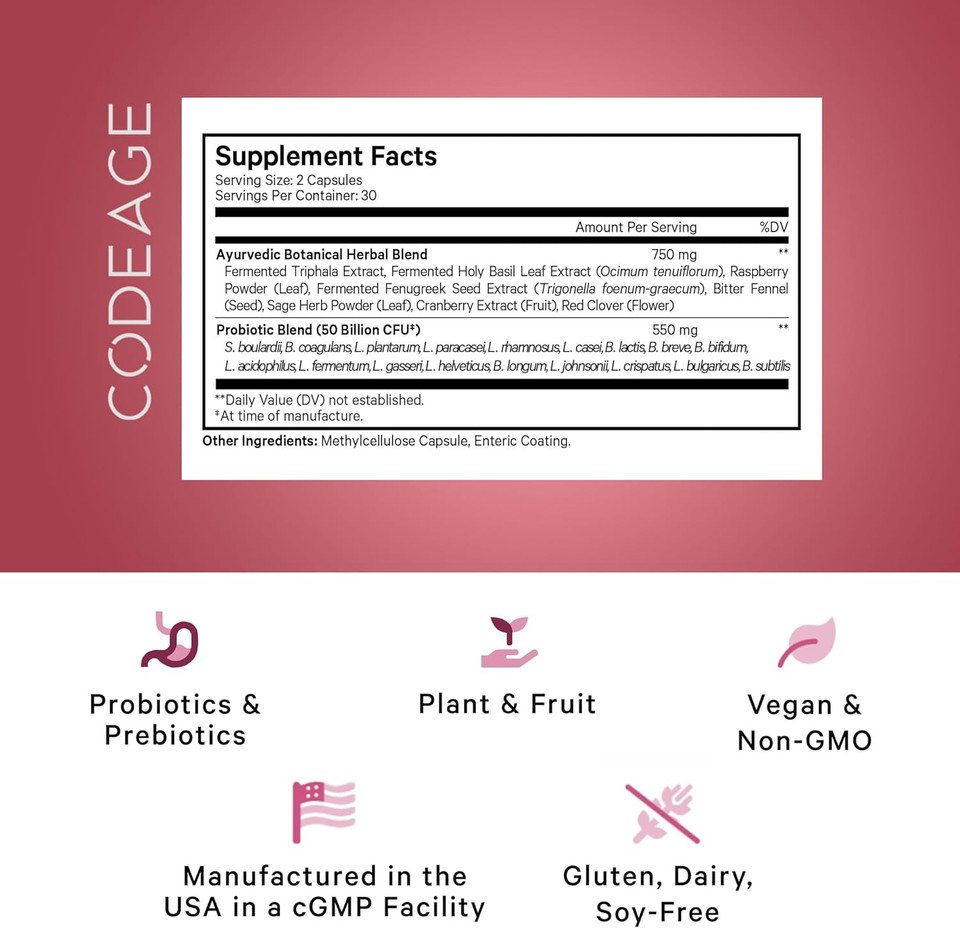 Codeage WomenS Probiotics Supplement - 50 Billion Cfus - Sbo Probiotics & Prebiotics - Cranberries - Feminine Health - Fermented Botanical Blend, Whole Food Supplement - Vegan, Non-Gmo - 60 Capsules