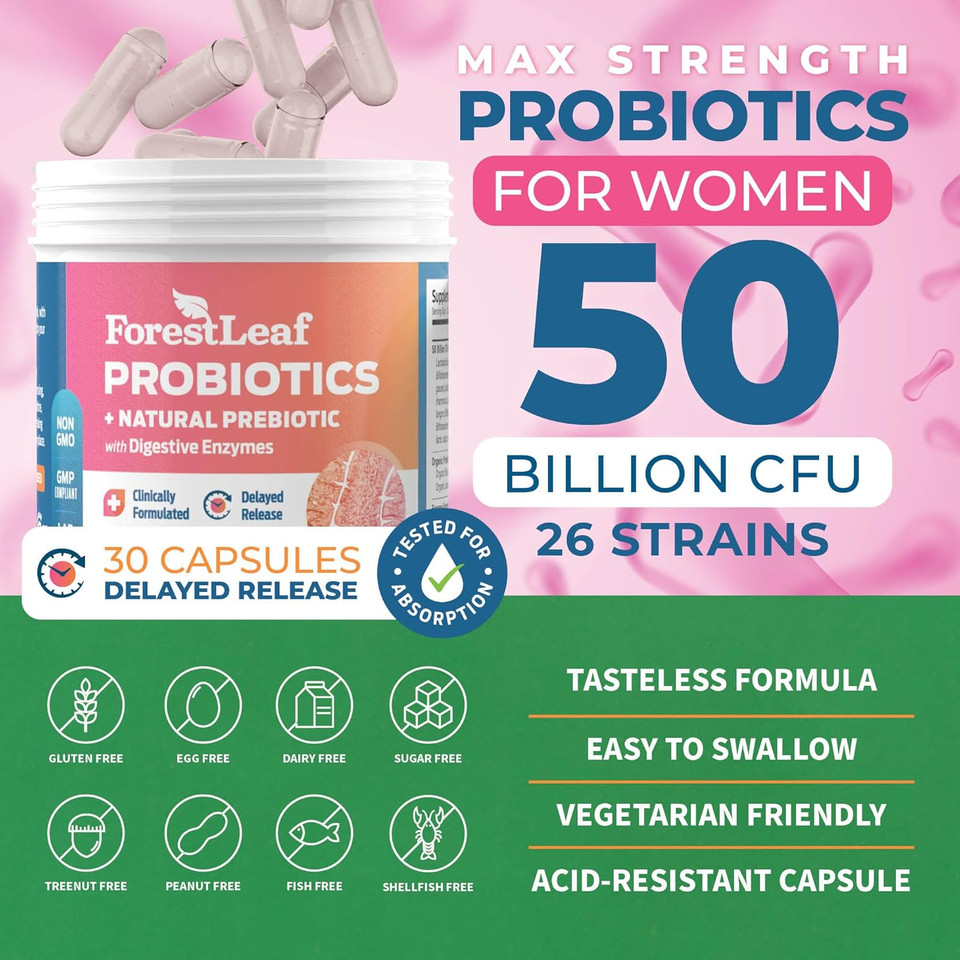 Probiotics For Women, 50 Billion Cfu, 26 Unique Strains, Women'S Probiotic And Prebiotics Support Digestive Health, W/Cranberry, Hibiscus & D-Mannose For Vaginal Ph Balance, Urinary, Gut (30 Caps)