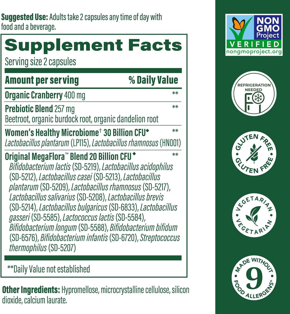 Megafood Megaflora Probiotics For Women + Prebiotics And Probiotics With 14 Strains & 50 Billion Cfus, With Cranberry For Women Digestive Health, Vegetarian- 90 Capsules (45 Servings)