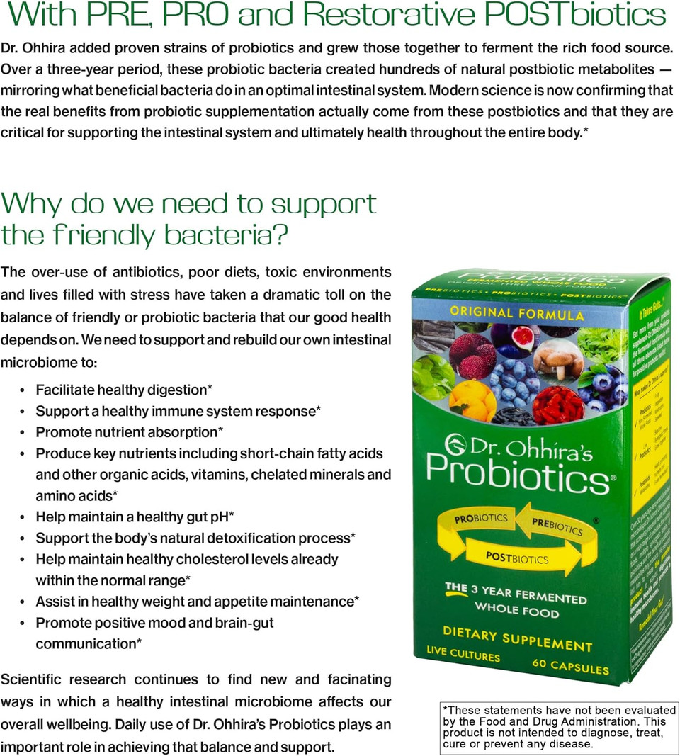 Dr. OhhiraS Probiotics Original Formula With 3 Year Fermented Prebiotics, Live Active Probiotics And The Only Product With Postbiotic Metabolites, 60 Capsules
