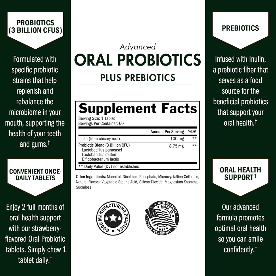 Oral Probiotics Supplement With Prebiotics - Supports Healthy Teeth Gums Mouth And Fresh Odorless Breath For Adults - Strawberry Flavored Chewable Dental Probiotic (60 Tablets, 60 Day Supply)