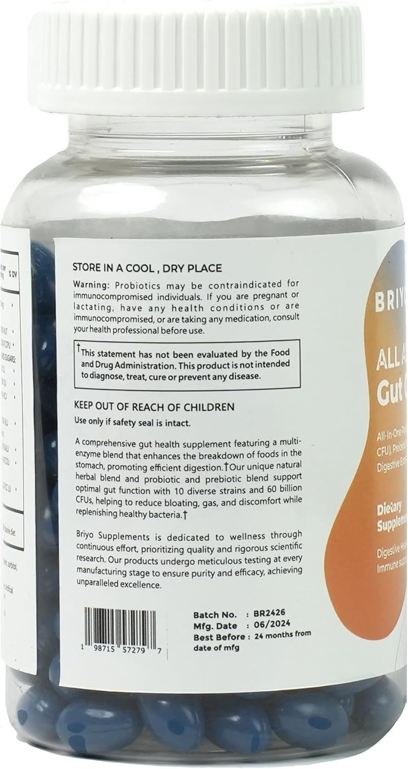 Briyo Gut Guardian Gut Health Support - 60 Billion Cfu Probiotics, Prebiotics, Digestive Enzymes, And Herbs For Digestion & Immune Health - Relieves Constipation, Diarrhea, Gas & Bloating