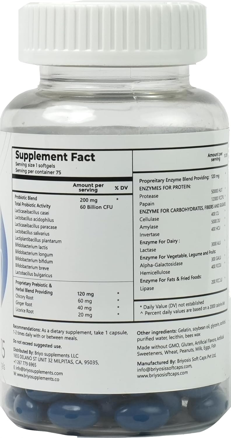 Briyo Gut Guardian Gut Health Support - 60 Billion Cfu Probiotics, Prebiotics, Digestive Enzymes, And Herbs For Digestion & Immune Health - Relieves Constipation, Diarrhea, Gas & Bloating
