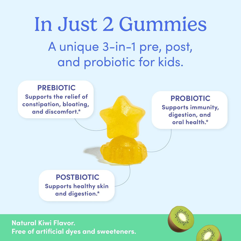 First Day Kids Probiotic Gummies - 3 In 1 Probiotics For Kids + Prebiotic & Postbiotic - Prebiotics & Probiotics For Digestive Health & Immune Support  Vegan, Gluten Free, 60-Day Supply