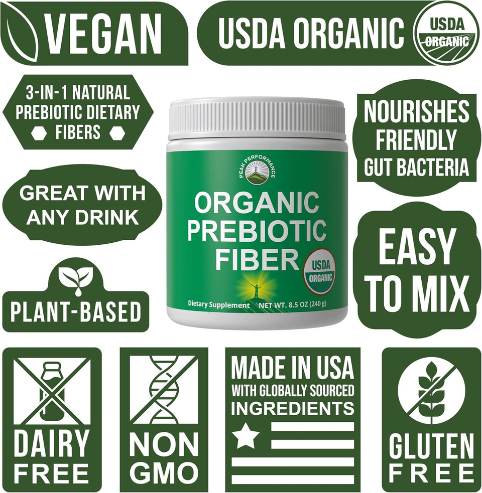Organic Prebiotic Fiber 3-In-1 Vegan Powder For Gut Health. Usda Organic Raw Whole Food Plant Based Prebiotics Digestive Supplement With Organic Inulin (Jerusalem Artichoke), Acacia Fibers, Sunfiber