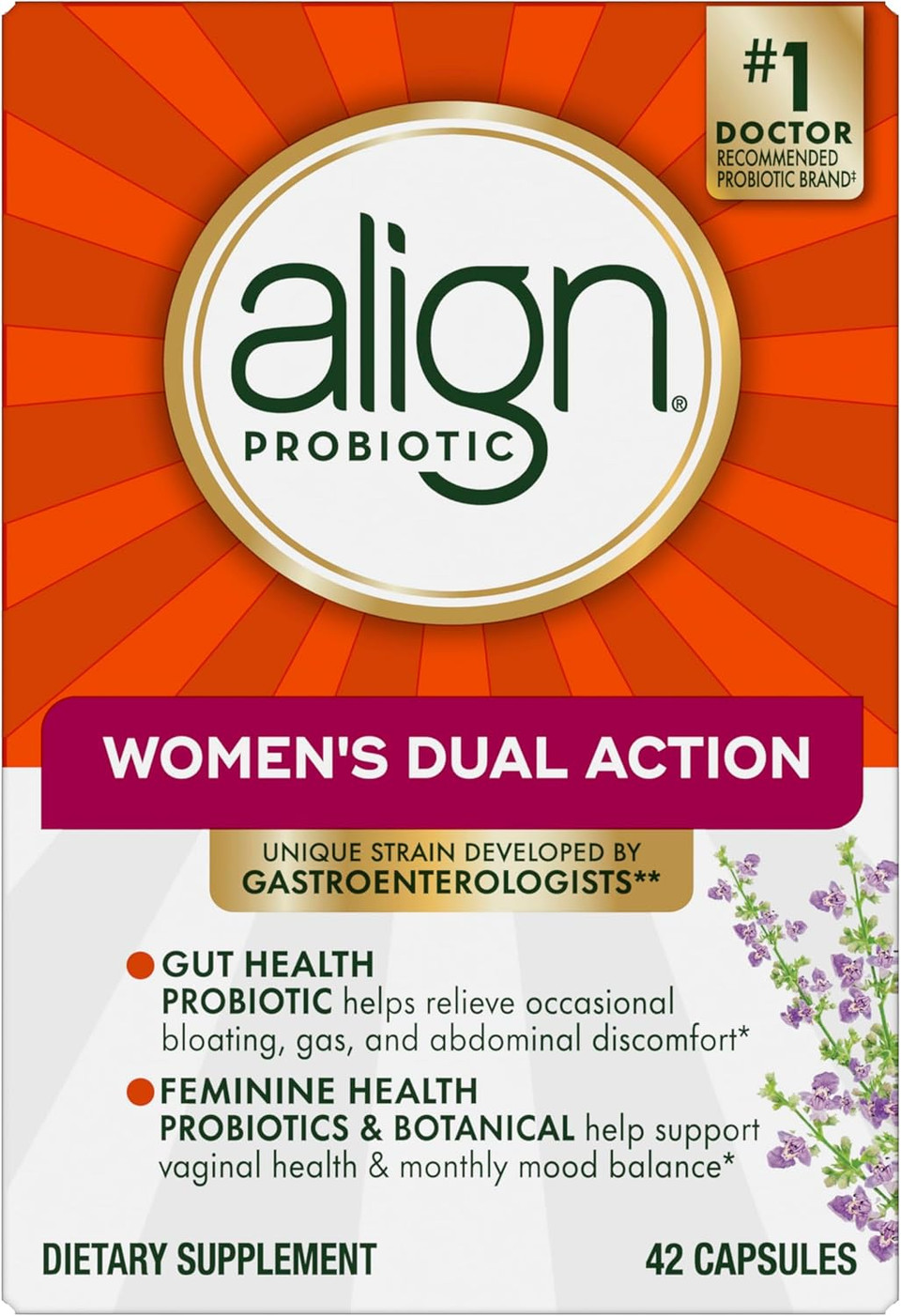 Align Probiotic, Women'S Dual Action, Probiotics For Women, Multi-Strain Probiotic With Chaste Tree, Supports Feminine Health*, Relieves Occasional Bloating, Gas, Abdominal Discomfort*, 42 Capsules