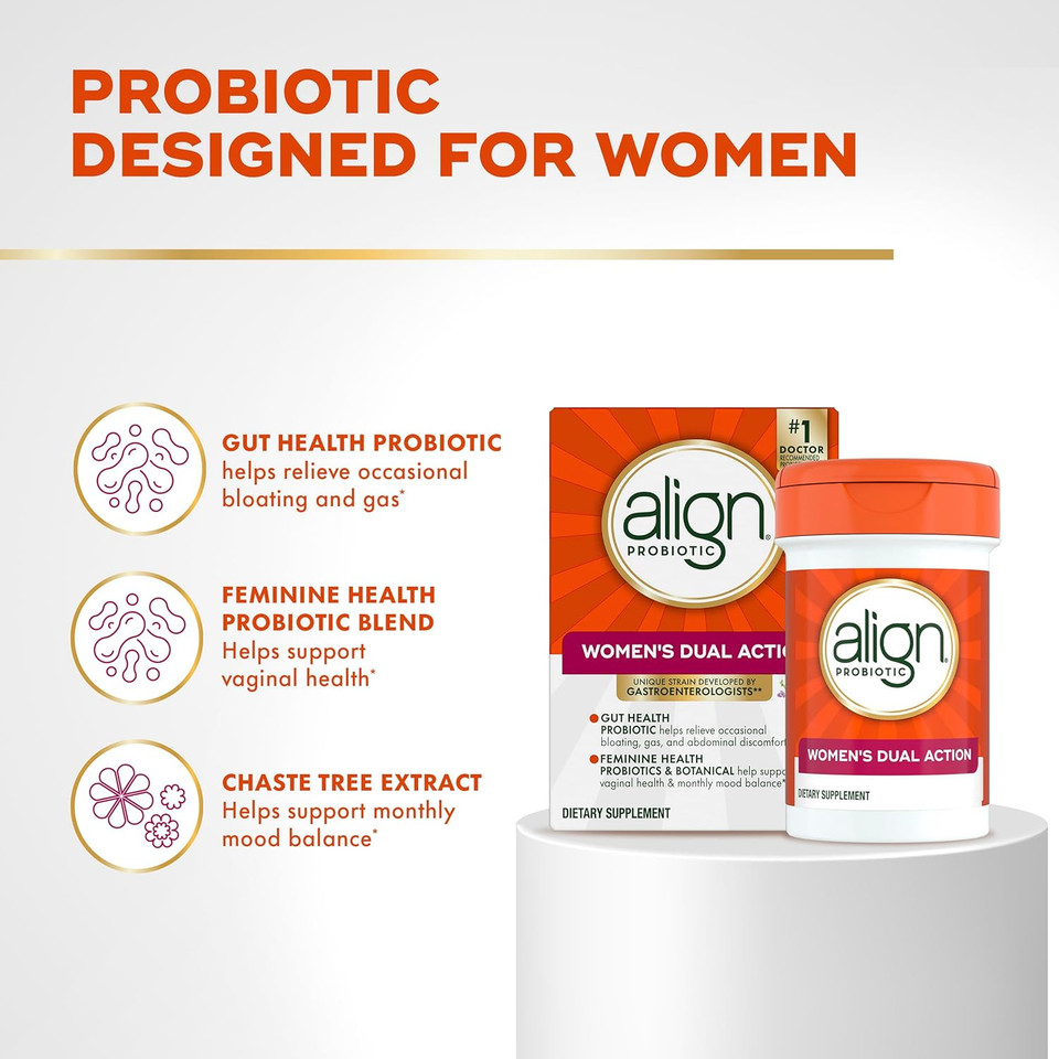 Align Probiotic, Women'S Dual Action, Probiotics For Women, Multi-Strain Probiotic With Chaste Tree, Supports Feminine Health*, Relieves Occasional Bloating, Gas, Abdominal Discomfort*, 42 Capsules