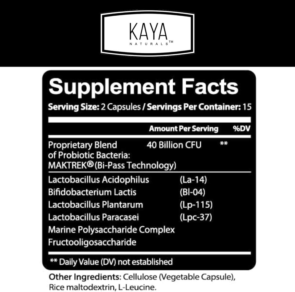 Kaya Naturals Probiotic 40 Billion Cfu - Probiotics For Women, Probiotics For Men And Adults, Natural - Gut Health & Immune Support Supplement - Promotes Digestive Health - 30 Count