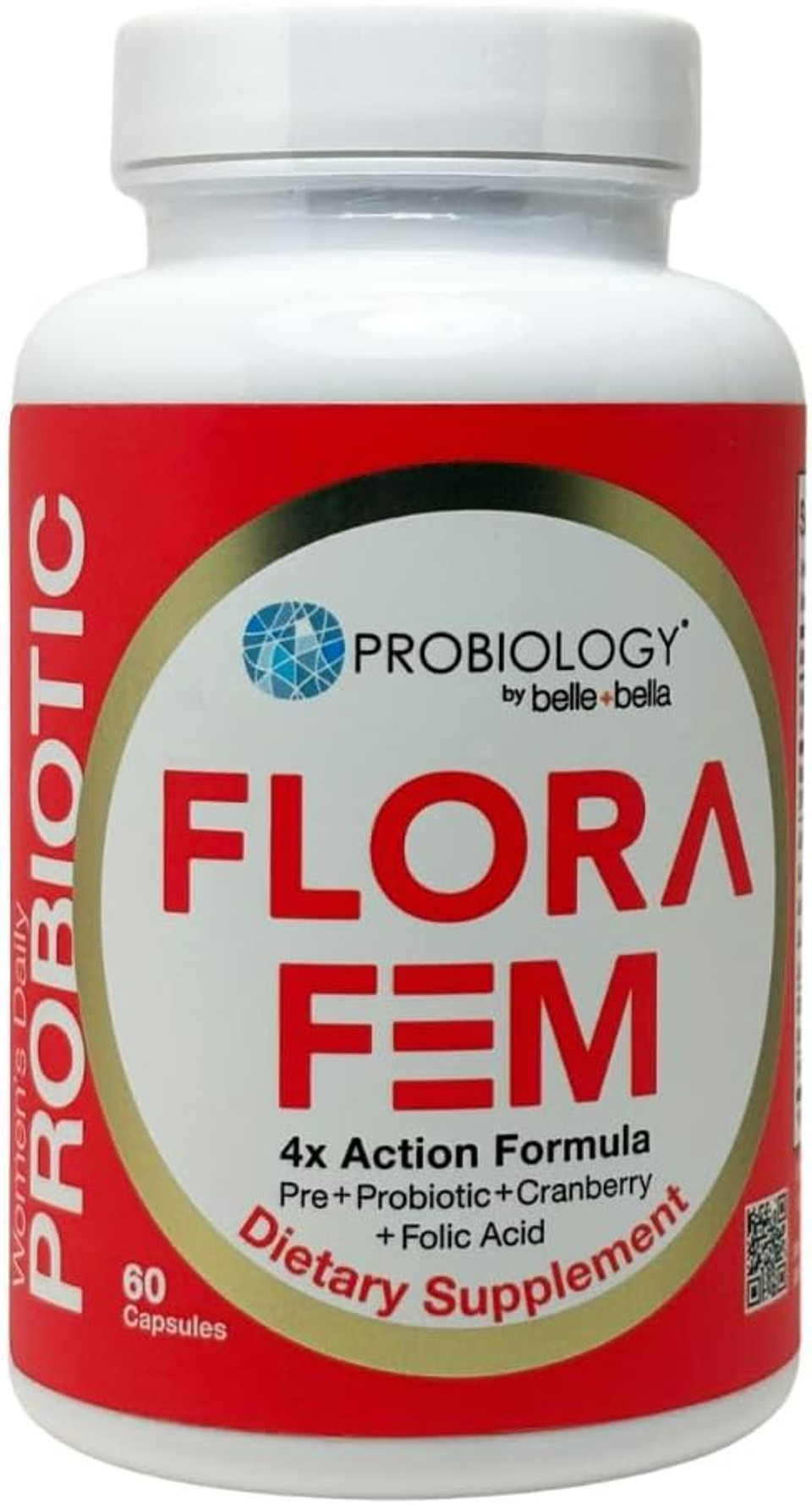Belle+Bella Probiology Flora Fem - Daily Probiotics For Women - 4X Action Prebiotic + Probiotic + Cranberry + Folic Acid For Digestive, Urinary Tract, Reproductive & Vaginal Health - 60 Caps