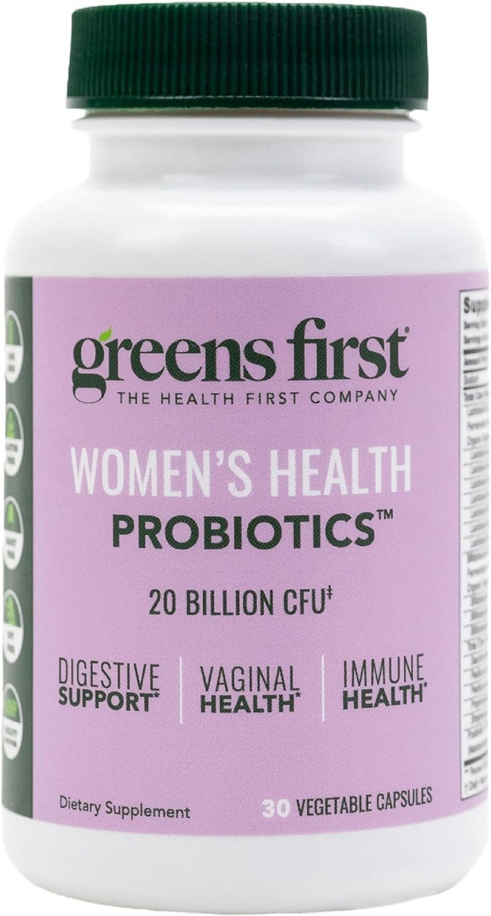 Greens First WomenS Health Probiotics - Probiotic For Ph Balance - 20 Billion Cfu - Support For Digestive, Immune & Vaginal Health Non-Gmo/Gluten-Free/Dairy-Free/Soy-Free (30 Vegetable Capsules)