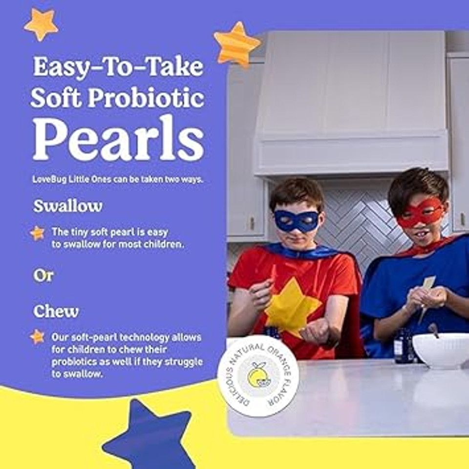 Lovebug Probiotics Little Ones Kids Probiotics, 120 Pearls  3 Billion Cfu W/Added Prebiotic Fiber  Allergen-Free, Non-Gmo