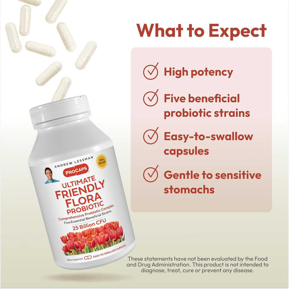Andrew Lessman Ultimate Friendly Flora Probiotic 240 Capsules - 25 Billion Cfu, Comprehensive Blend Of Five Probiotic Strains, Powerful Immune And Digestive Support. Probiotics For Women Or Men