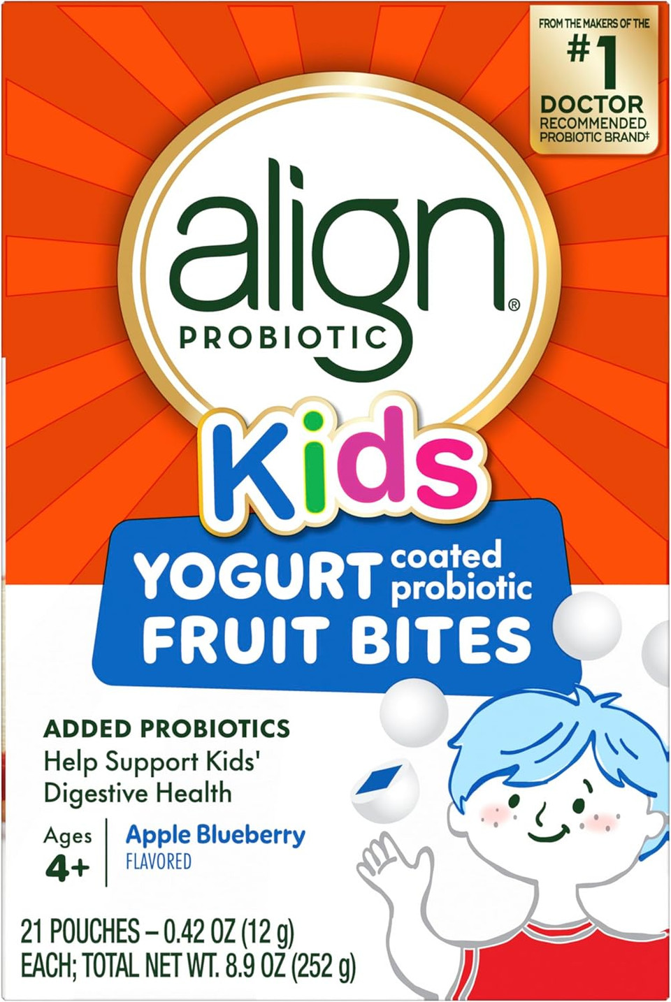 Align Probiotic, Kids Yogurt Coated Probiotic Fruit Bites, Added Probiotics Help Support Kids' Digestive Health, Apple Blueberry Flavored, 21 Individually Wrapped Pouches, 105 Bites