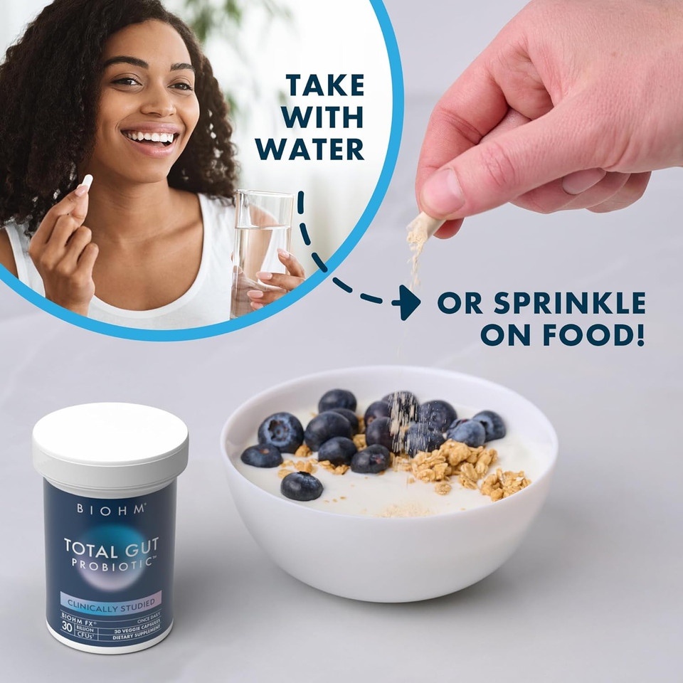Biohm Total Probiotic, 30 Billion Cfu Daily Probiotics For Women & Men (30 Count) Helps Reduce Occasional Gas & Bloating, Supports Digestion & Total Gut Health, Non-Gmo, Vegan