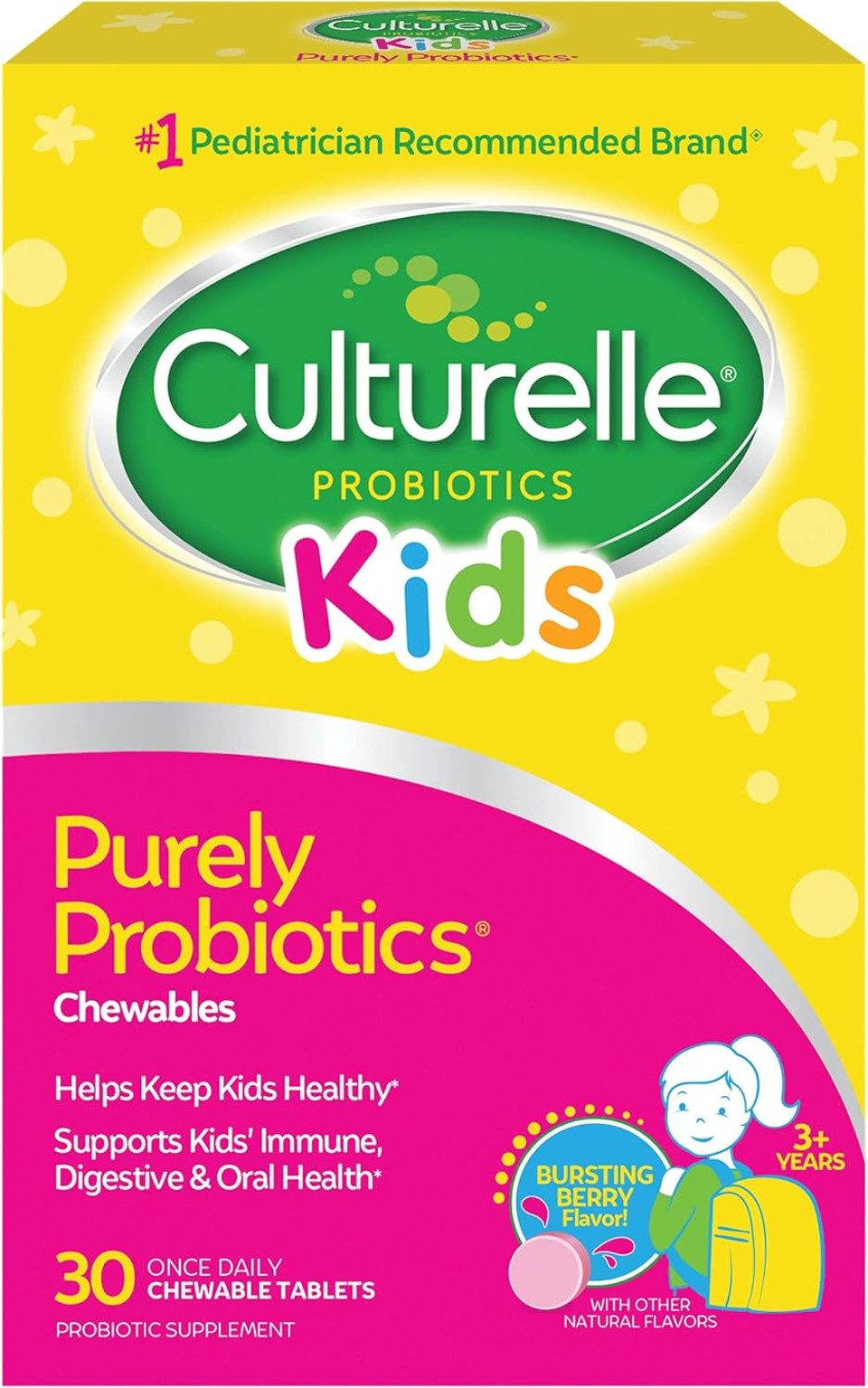 Culturelle Kids Chewable Daily Probiotic For Kids, Ages 3+, No.1 Pediatrician-Recommended Brand, Natural Berry, Daily Probiotics For Digestive Health, Oral Care & Immune Support, 2 Month Supply