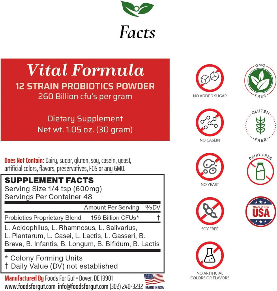 Vital Formula 12 Strain Probiotics Powder 260 Billion Cfu | Made In Usa | Digestive & Immune Support | High Potency | 30 Grams (1.05 Oz)