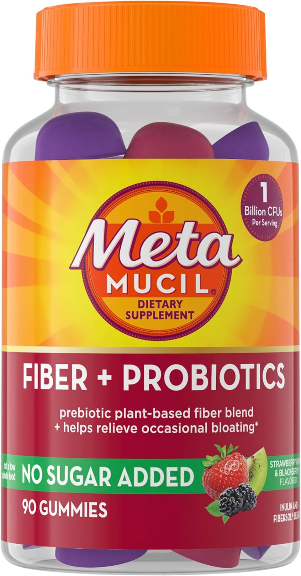 Metamucil Fiber Gummies For Adults With Probiotics For Bloating Relief, No Sugar Added Strawberry Kiwi Blackberry Flavors, 5G Prebiotic Plant Based Fiber Supplement Blend, 90 Count