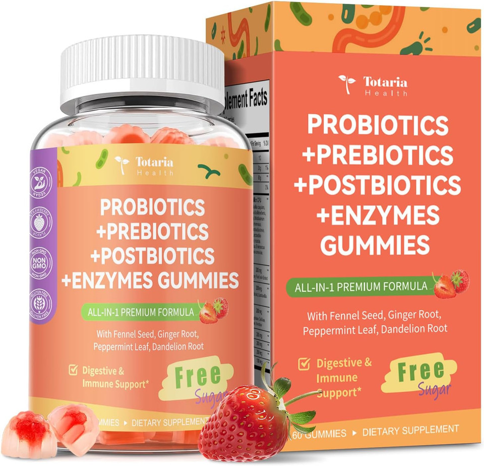 Sugar Free 5-In-1 Probiotic Prebiotic Postbiotic Gummy, Probiotics For Women Men With Digestive Enzymes, Peppermint, Complete Immune, Gut & Digestive Support, Vegan, 60 Cts, Strawberry Flavor