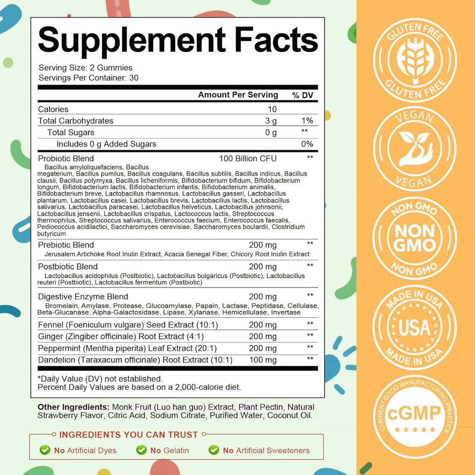 Sugar Free 5-In-1 Probiotic Prebiotic Postbiotic Gummy, Probiotics For Women Men With Digestive Enzymes, Peppermint, Complete Immune, Gut & Digestive Support, Vegan, 60 Cts, Strawberry Flavor