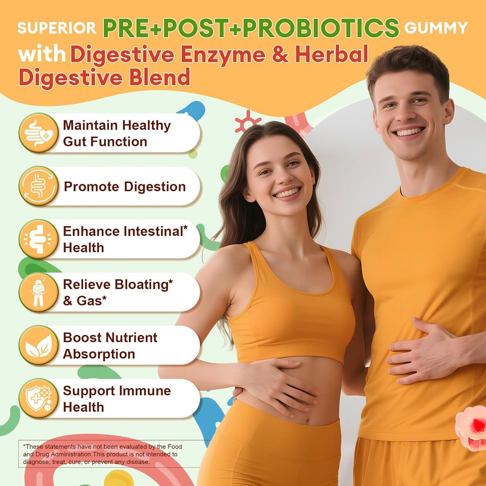 Sugar Free 5-In-1 Probiotic Prebiotic Postbiotic Gummy, Probiotics For Women Men With Digestive Enzymes, Peppermint, Complete Immune, Gut & Digestive Support, Vegan, 60 Cts, Strawberry Flavor
