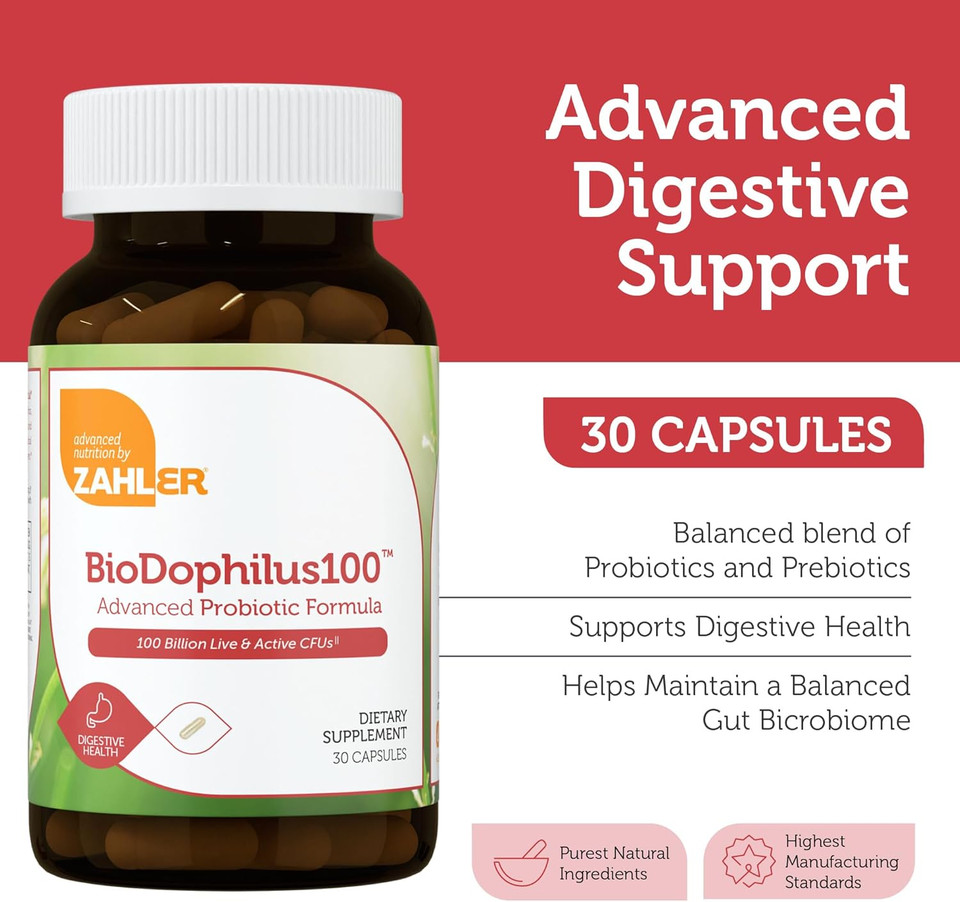 Zahler Biodophilus100-100 Billion Probiotic - 100 Billion Cfu 11-Strain Gut Health Probiotic Supplement - Prebiotics/Probiotics For Digestive Health, Probiotics For Women And Men. (30 Ct)