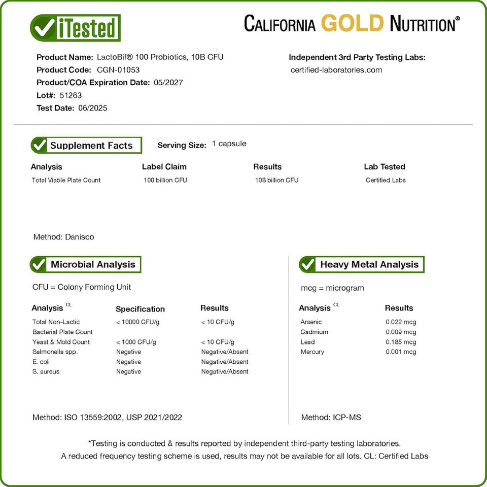 California Gold Nutrition Lactobif Probiotics, 100 Bllion Cfu, 8 Active & Clinically Researched Probiotic Strains, Sugar-Free, Vegetarian, Individually Double-Foil Blister Sealed, 30 Veggie Capsules