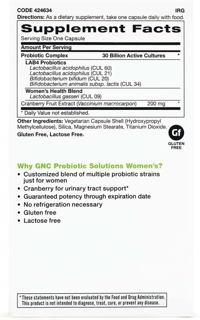 Gnc Probiotic Solutions Women'S With 30 Billion Cfus, Clinically Studied Multi-Strain For Women, Supports Digestive And Immune Health, Vegetarian, 30 Capsules
