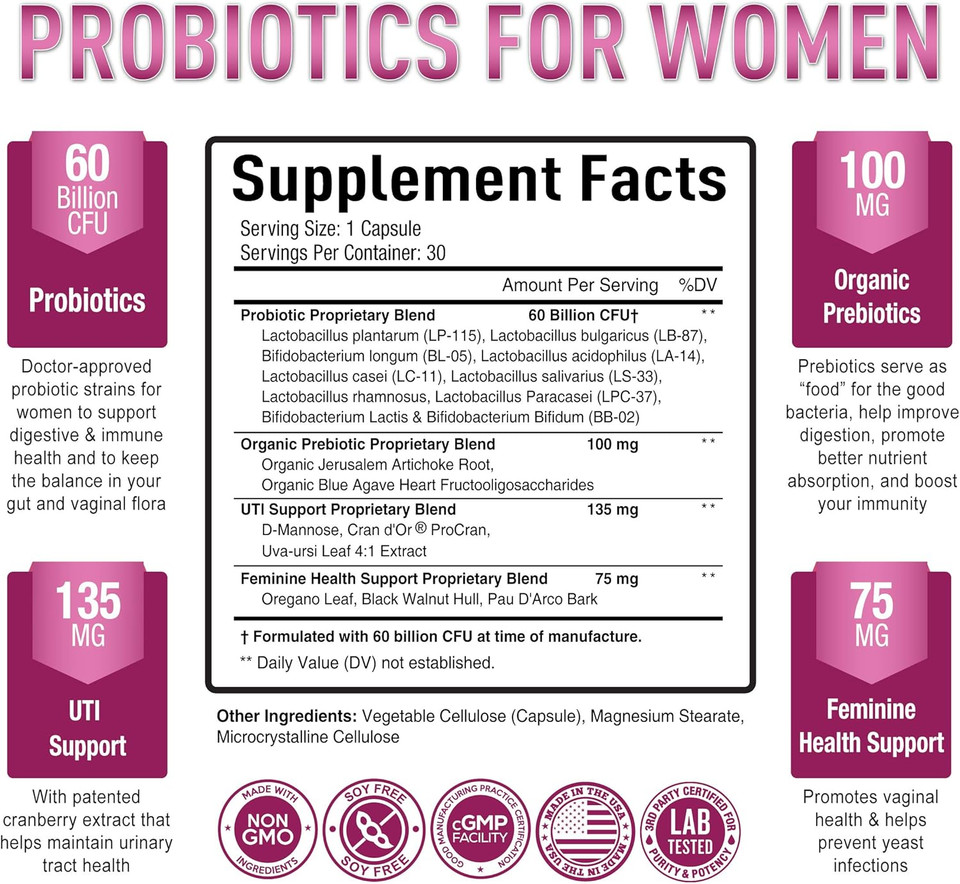 Purely Optimal Womens Probiotics 60 Billion Cfu W/Organic Prebiotics & Digestive Enzymes (30 Count)