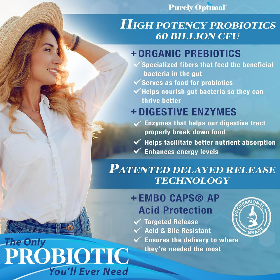 Purely Optimal Premium Probiotics 60 Billion Cfu W/Organic Prebiotics & Digestive Enzymes