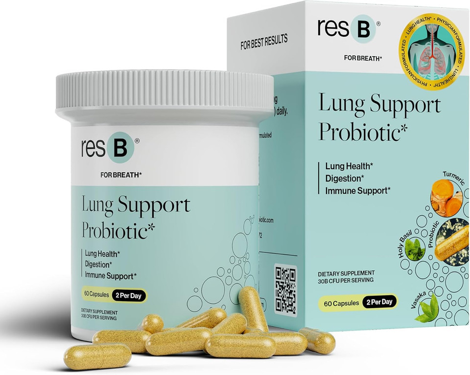 Resb Lung Support Probiotic Supplement - Lung Health Supplement For Smokers, Gut Health, Immune & Digestive Support, Respiratory Care, Holy Basil & Turmeric, Clinically Trialed - 60 Capsules
