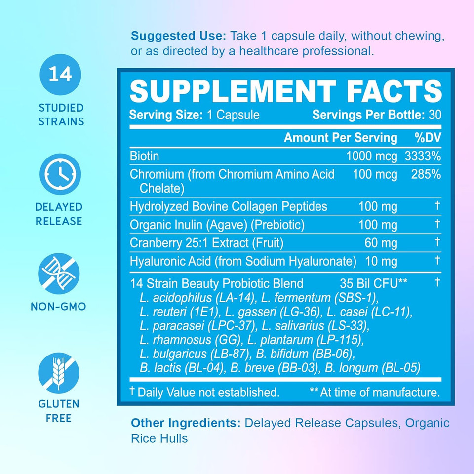 Bioemblem Beauty Probiotics For Women, 35 Billion Cfu 14 Strains With Biotin, Collagen, Prebiotics For Digestive Health, Hair Skin And Nails, Vaginal Probiotics Supplement, Shelf Stable, 60 Caps