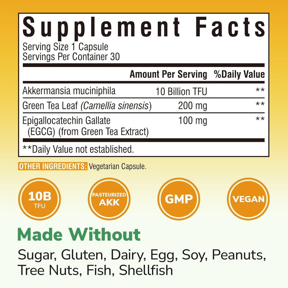 Akkermansia Probiotic 10 Billion Tfu, With Concentrated Egcg From Green Tea Extract, Glp-1 Supplement For Gut Health, Metabolism Support & Sustain Energy Levels, 30 Vegan Capsules, No Gluten