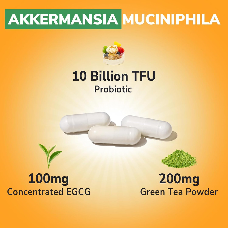 Akkermansia Probiotic 10 Billion Tfu, With Concentrated Egcg From Green Tea Extract, Glp-1 Supplement For Gut Health, Metabolism Support & Sustain Energy Levels, 30 Vegan Capsules, No Gluten