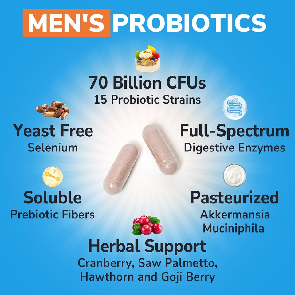 Probiotics For Men, 70 Billion Cfu 15 Strains, Selenium, Enzymes, Saw Palmetto, Cranberry For Digestive, Gut, Immune, Prostate & Urinary Tract Health, Shelf Stable, 60 Capsules