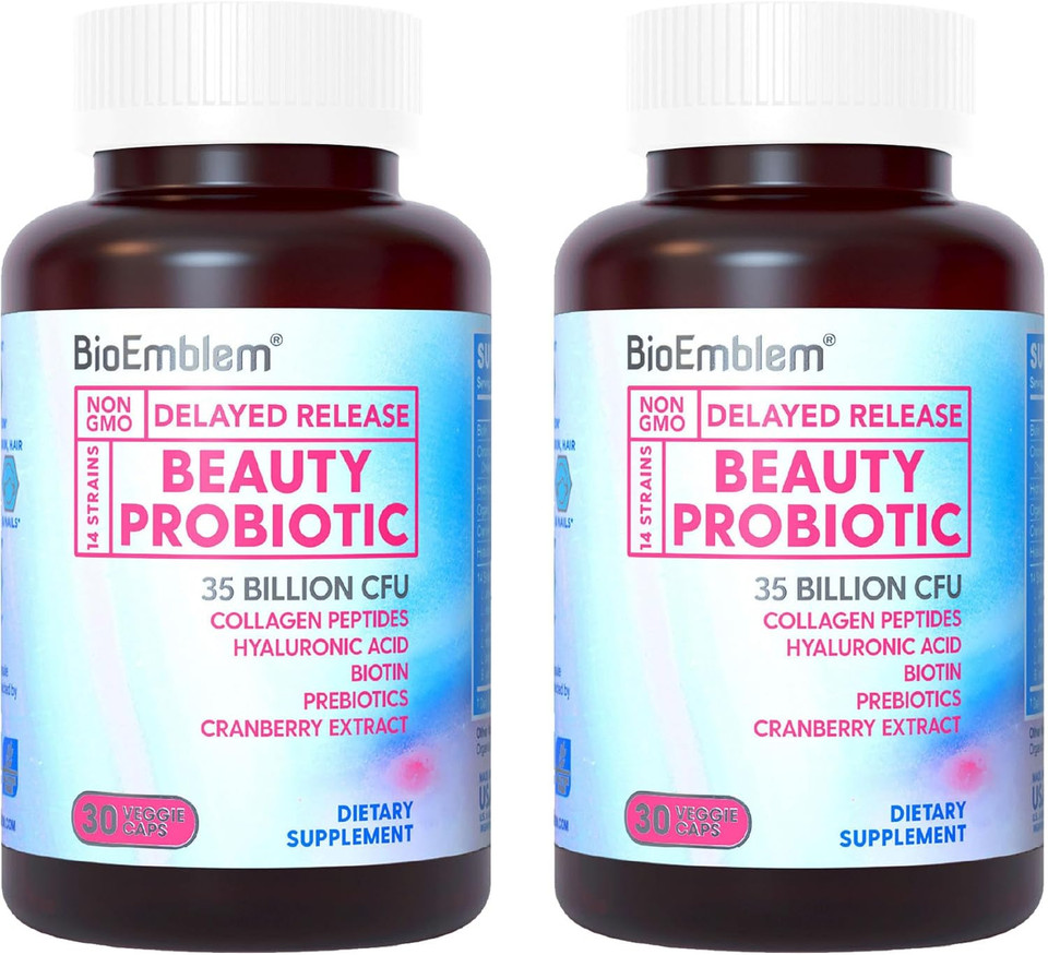 Bioemblem Beauty Probiotics For Women, 35 Billion Cfu 14 Strains With Biotin, Collagen, Prebiotics For Digestive Health, Hair Skin And Nails, Vaginal Probiotics Supplement, Shelf Stable, 90 Caps