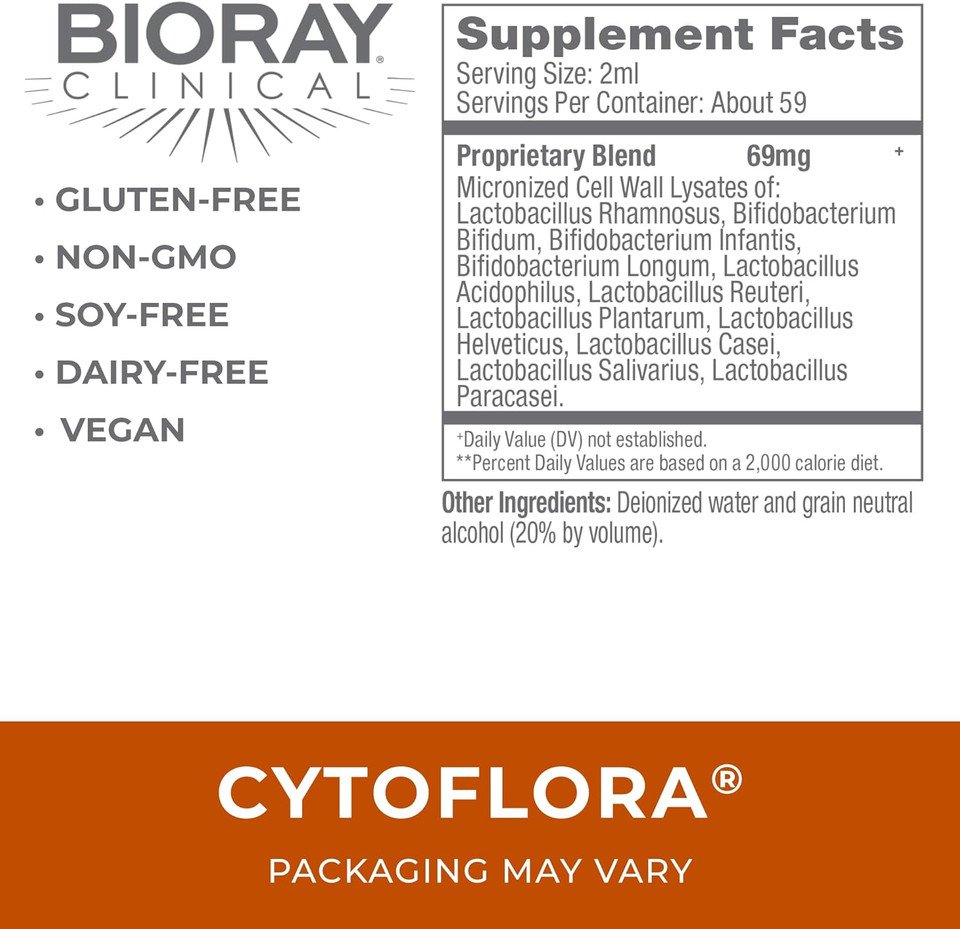 Bioray Professional Cytoflora - 4 Fl Oz - Probiotic Immunity Tonic - Improves Bowel & Gut Function - Non-Gmo, Vegetarian, Gluten Free