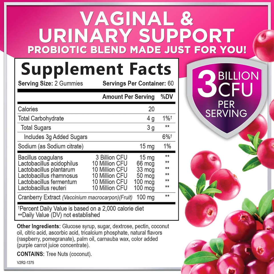 Probiotic Gummies For Women With Cranberry - 6 Premium Strains For Ph Balance, Digestive Health, Vaginal & Immune Support, 3 Billion Cfu, Women'S Probiotic Gummy For Feminine Health - 60 Gummies