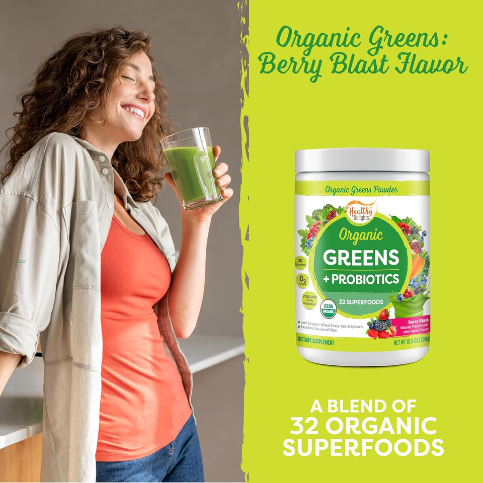 Healthy Delights Naturals - Organic Greens + Probiotics Powder - Naturally Boost Energy - Usda Organic - Delicious Berry Flavored - 30 Servings