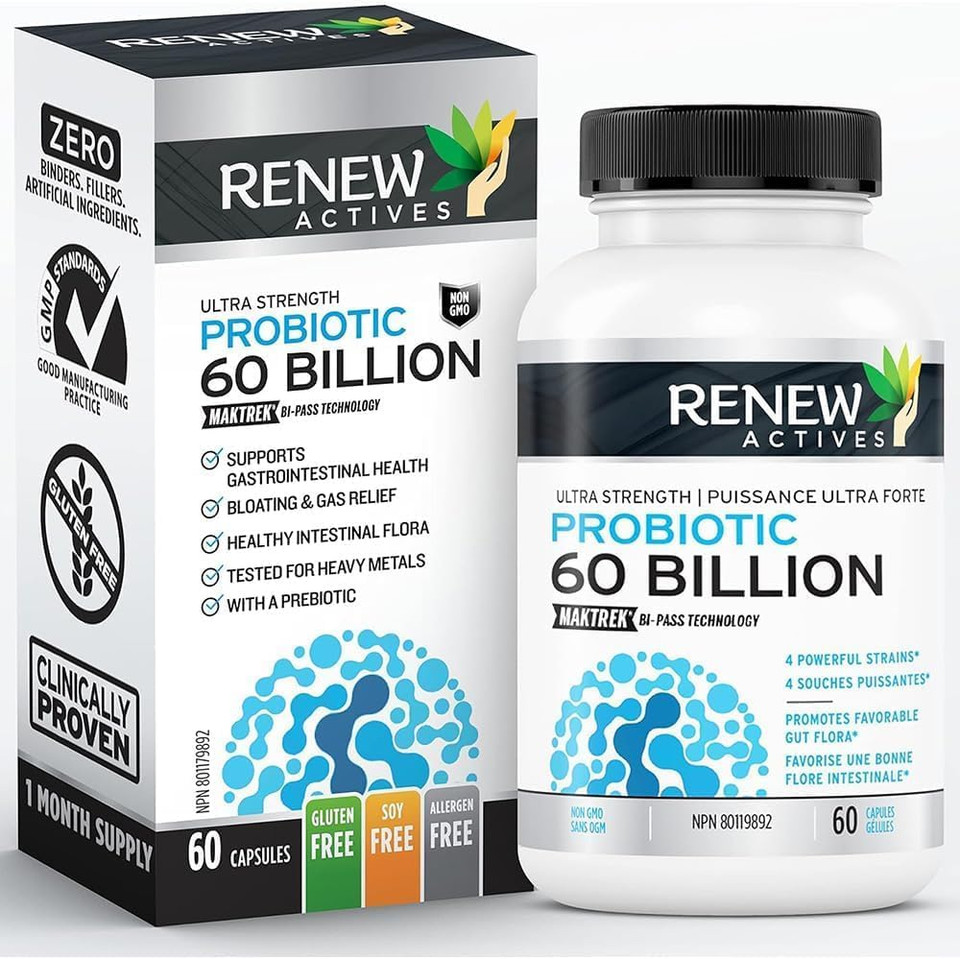 Renew Actives Probiotic Supplement For Digestive Health 60 Billion Cfu Per 2 Capsules - Advanced Formula With Prebiotic Benefits - Supports Gut Flora Balance & Wellness - Made In Canada - 60 Capsules
