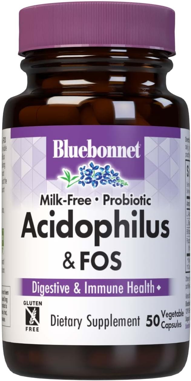 Bluebonnet Nutrition Milk-Free Probiotic Acidophilus & Fos, Digestive Health*, Immune Health*, Gluten-Free, Soy-Free, Dairy-Free, 50 Vegetable Capsules, 50 Servings