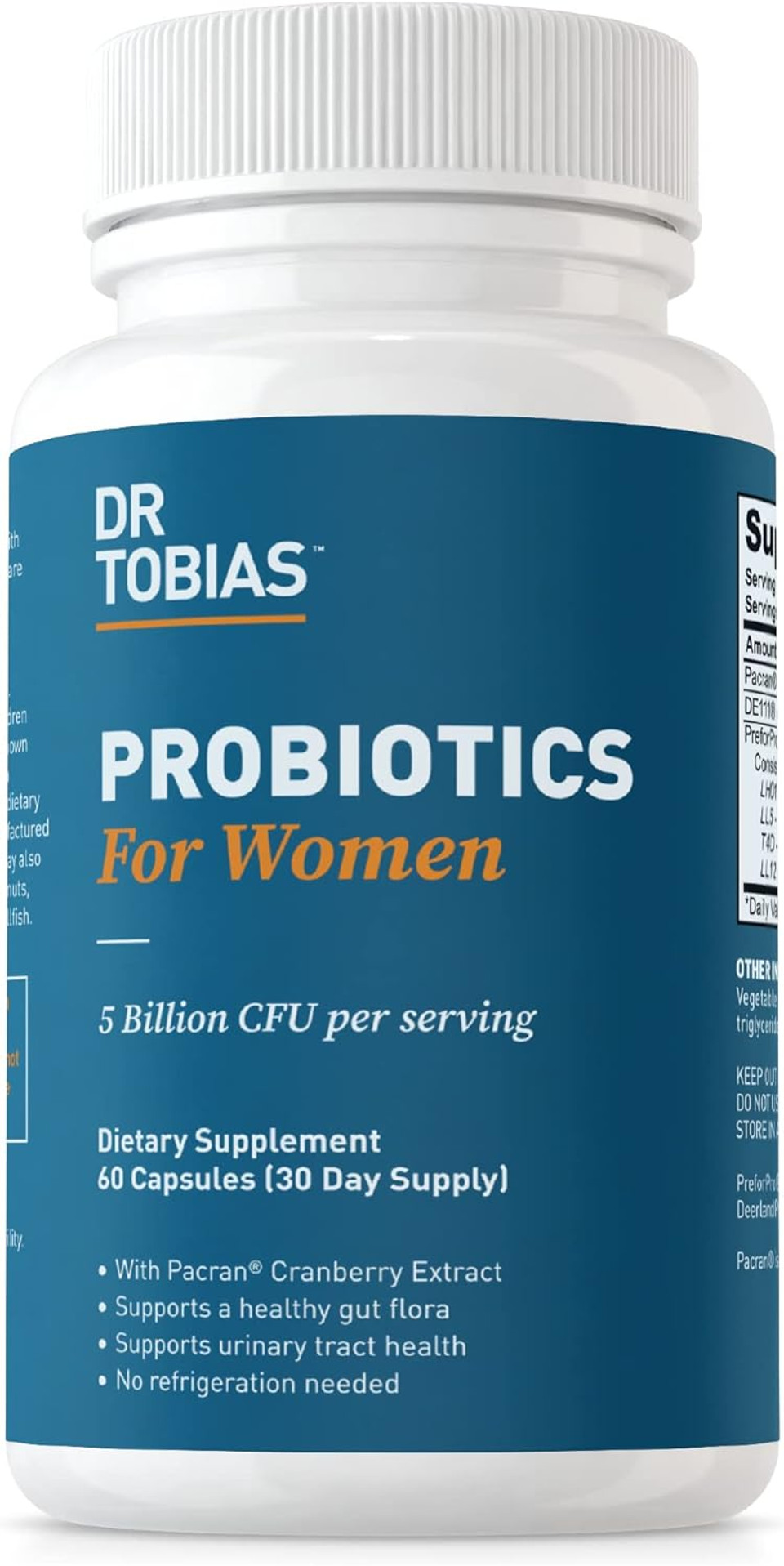 Dr. Tobias Probiotics For Women, 5 Billion Cfus Plus Prebiotics & Cranberry Extract For Urinary Tract Health For Women, Supports Digestive & Immune Health, 60 Capsules, 30 Servings