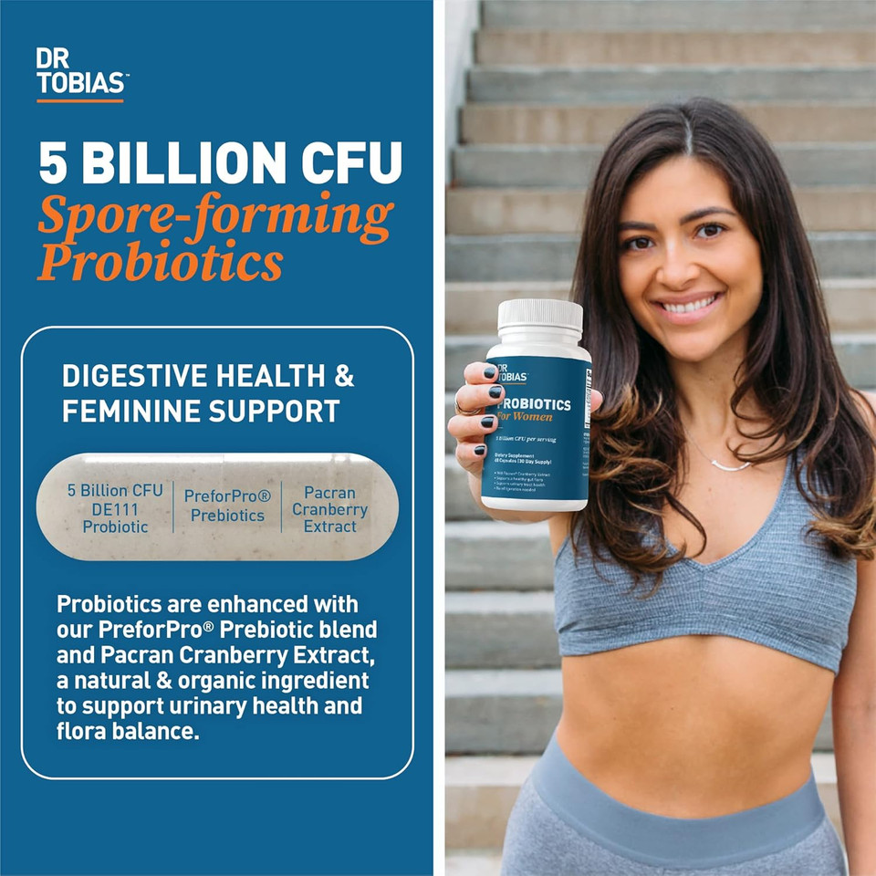 Dr. Tobias Probiotics For Women, 5 Billion Cfus Plus Prebiotics & Cranberry Extract For Urinary Tract Health For Women, Supports Digestive & Immune Health, 60 Capsules, 30 Servings