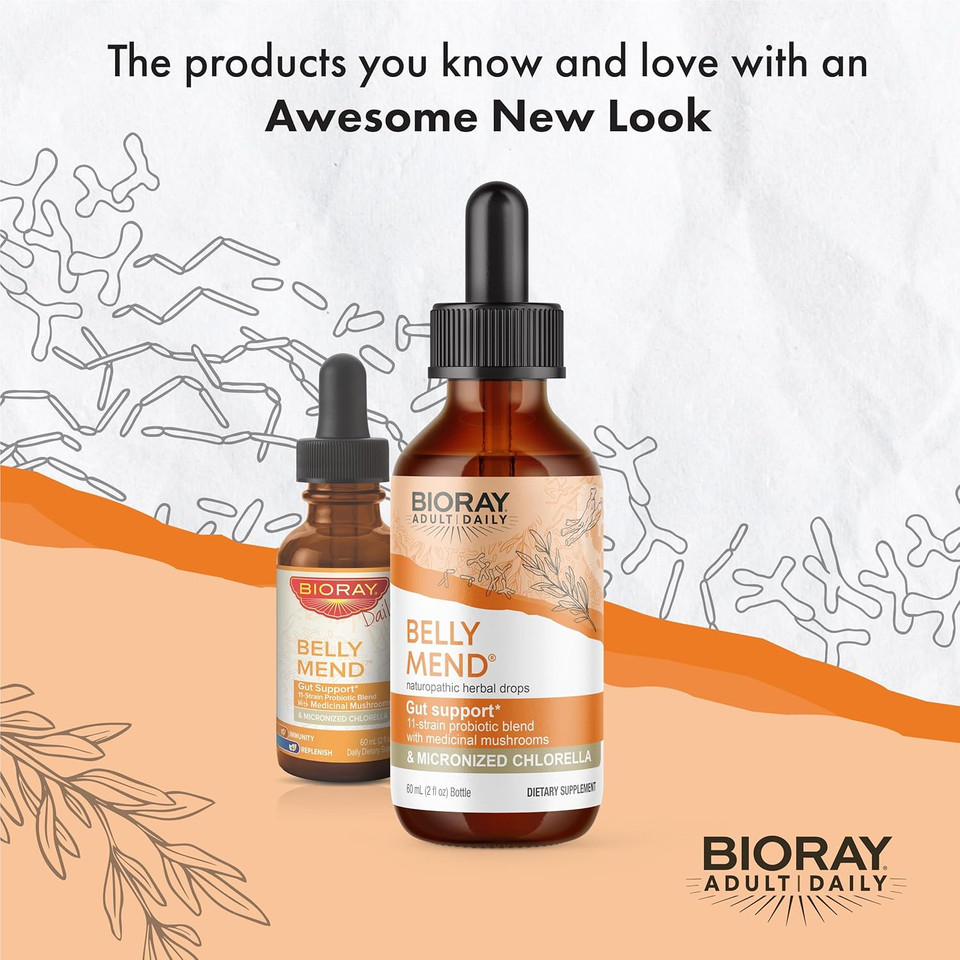 Bioray Daily Belly Mend - 2 Fl Oz - 11-Strain Probiotic Blend With Medicinal Mushrooms - Supports Healthy Gut & Bowel Functions - Non-Gmo, Vegetarian, Gluten Free