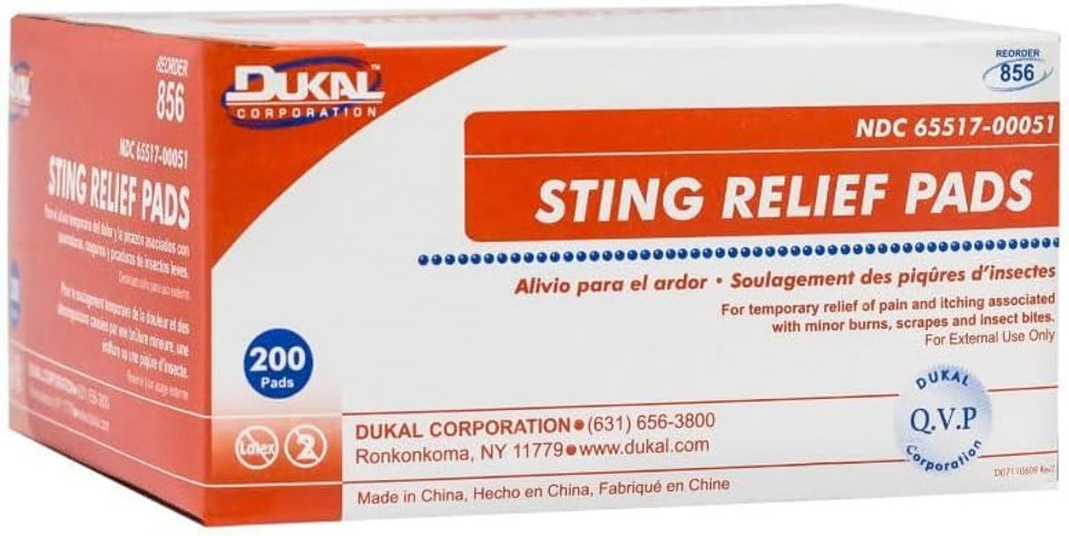Dukal Sting Relief Pads. Case Of 200 Anesthetic Pads For Burns, Scrapes. 2-Ply Non-Woven Pads In Individual Pouches, Non-Sterile Sting Relief Wipes, 856 Dukal Sting Relief Pads. Case Of 200 Anesthetic Pads For Burns, Scrapes. 2-Ply Non-Woven Pads In Individual Pouches, Non-Sterile Sting Relief Wipes, 856