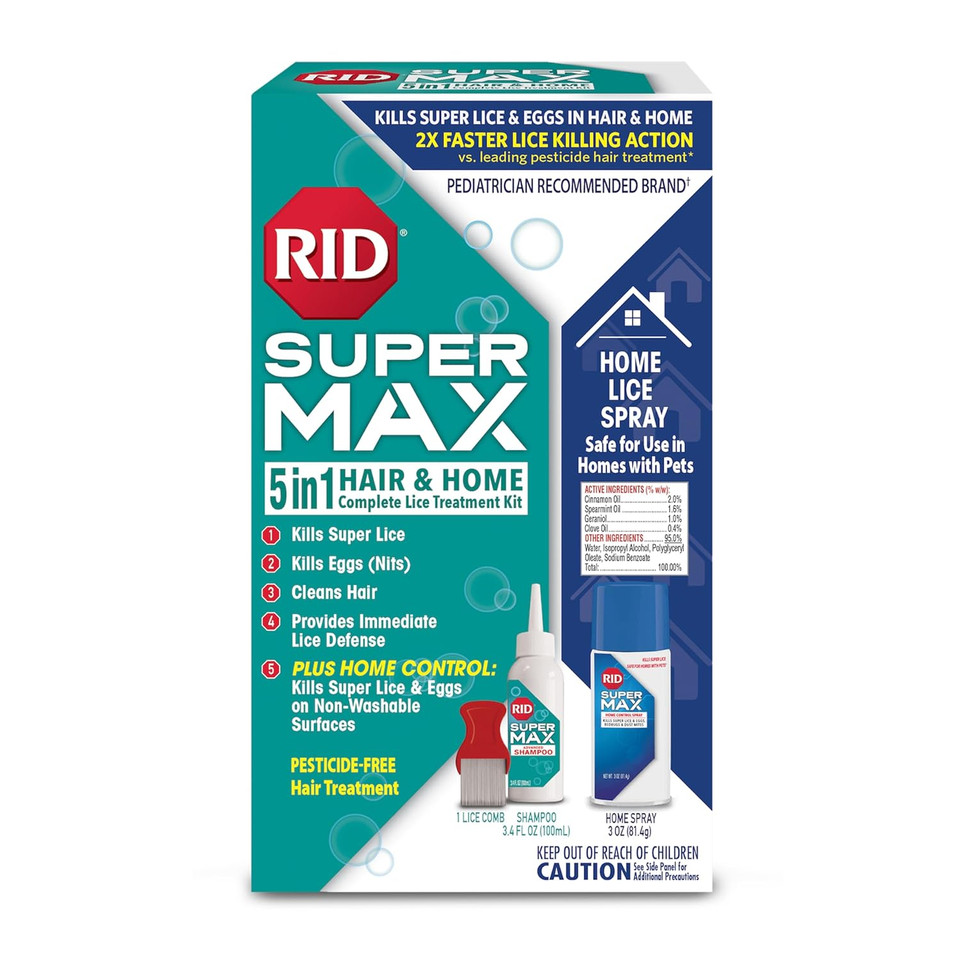 Rid Super Max 5-In-1: Hair & Home Complete Lice Treatment Kit, Kills Super Lice & Eggs In Hair & Home, 3.4 Fl Oz Lice Shampoo + Nit Removal Comb + Home Lice Spray Rid Super Max 5-In-1: Hair & Home Complete Lice Treatment Kit, Kills Super Lice & Eggs In Hair & Home, 3.4 Fl Oz Lice Shampoo + Nit Removal Comb + Home Lice Spray